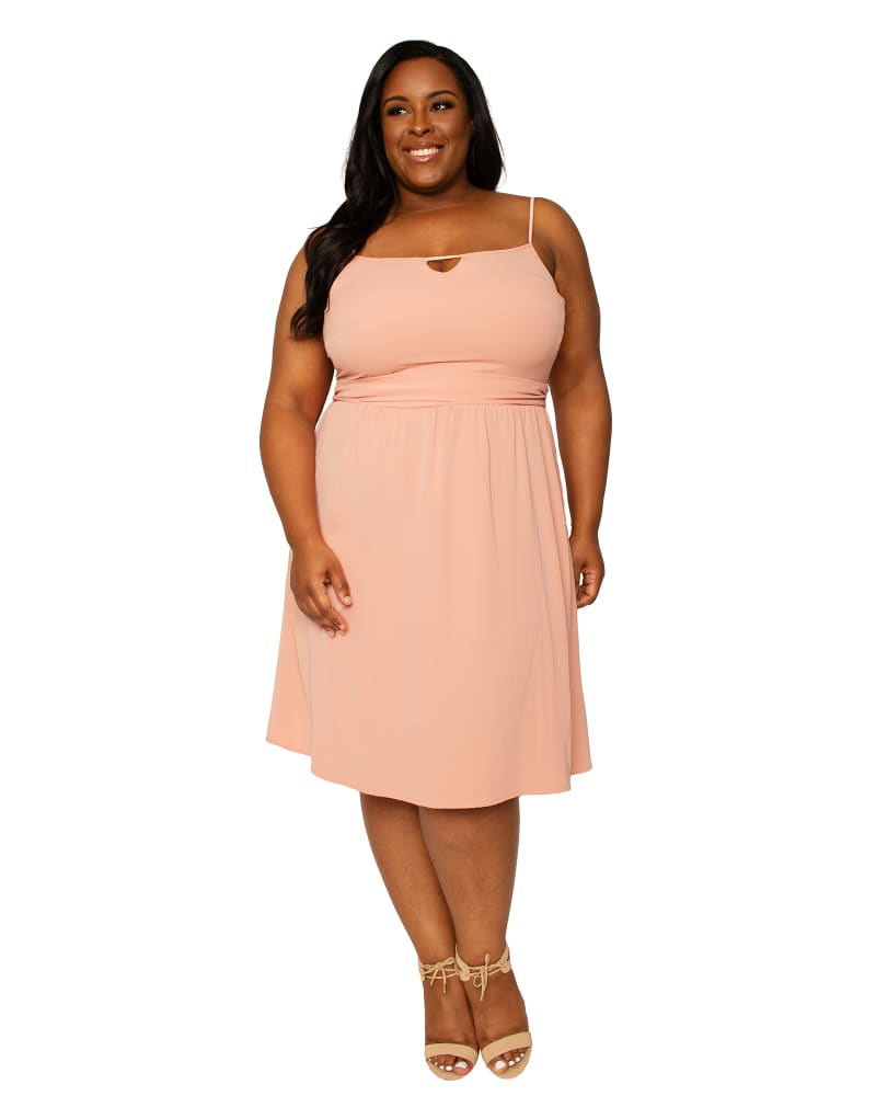 Front of a model wearing a size L Donna Double Georgette Midi Dress in Peach by Poetic Justice. | dia_product_style_image_id:279979